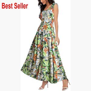 Viscose Maxi Dress with Scoop Neck and Drawstring Closure